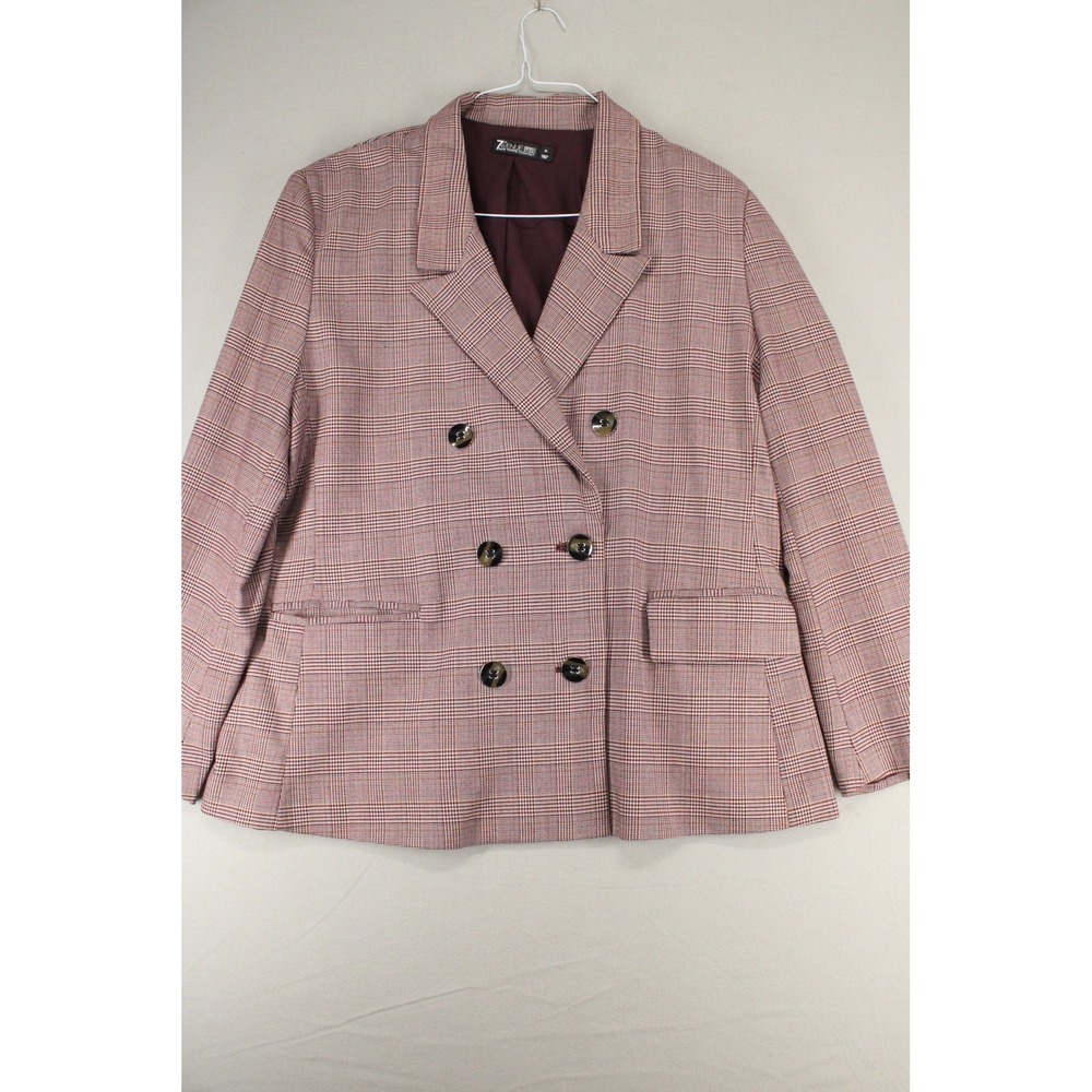 7th Avenue Blazer Womens XL Burgundy Plaid Double Breasted Glen Check